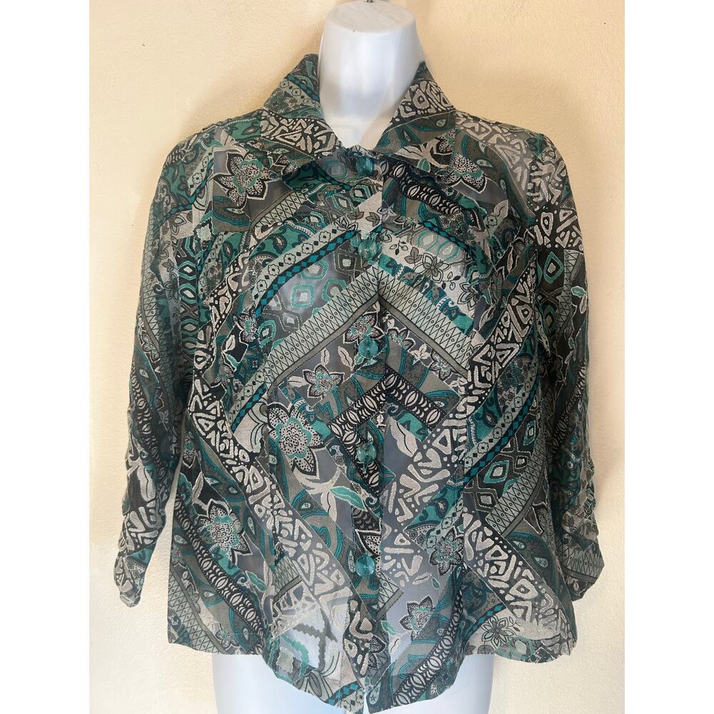 Erin London women's size Small sheer button-up blouse Teal-Black-ETC boho style